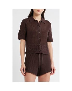 Marine Layer Celtia Mixed Open Stitch Cotton Blend Button-Up Sweater - Brown