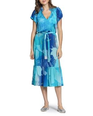 Apny Print Short Sleeve Midi Dress - Blue
