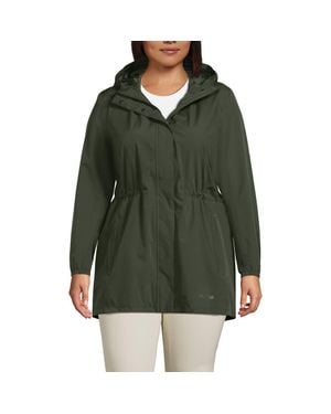Lands' End Plus Size Print Waterproof Hooded Packable Raincoat - Green