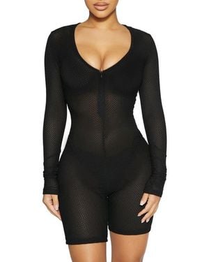 Naked Wardrobe Net Zip-Up Long Sleeve Mesh Romper - Black