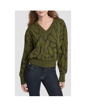 DKNY Jacquard V-Neck Sweater - Green