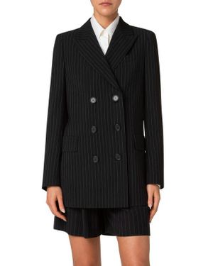 Akris Punto Pinstripe Double Breasted Wool Blend Crepe Long Blazer - Black