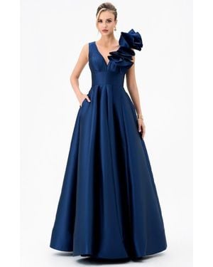 Bariano Mirella V Neck Ruffle Gown - Blue