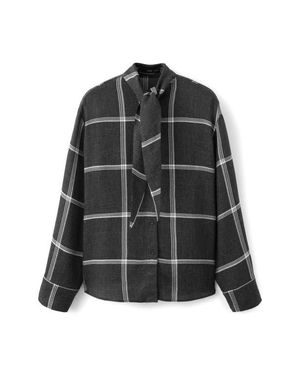 Mango Candy Windowpane Plaid Tie Neck Button-Up Shirt - Black