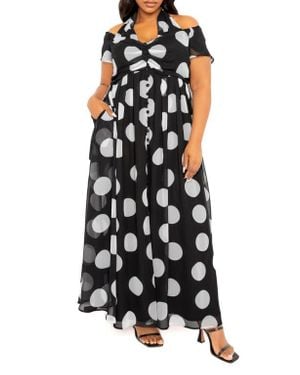 Buxom Couture Polka Dot Off The Shoulder Halter Maxi Dress - Black