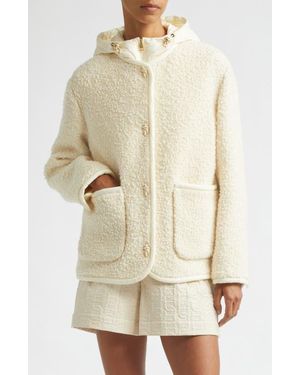 Moncler Hylesine Hooded Wool & Cotton Blend Bouclé Coat - Natural