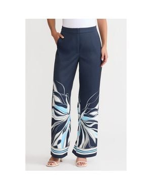 Ming Wang Crepe De Chine Wide-Leg Floral Abstract Pants - Blue