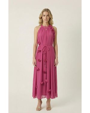 Modenaire Floral Appliqué Halter Midi Dress - Pink