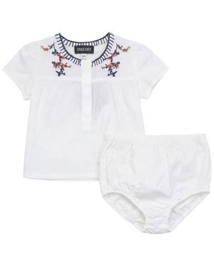 Space Grey Floral Emboidered Woven Short Sleeve Top And Bloomers Set - White