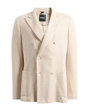 BOSS Hanry Slim Fit Stripe Textured Linen & Cotton Blend Sport Coat - Natural