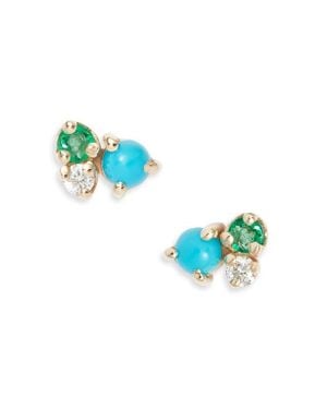 Zoe Chicco 14K, Emerald & Diamond Stud Earrings - Blue
