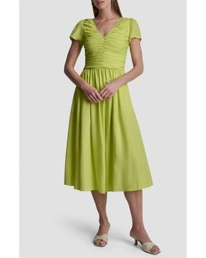 DKNY Ruched Bodice Linen Blend Midi Dress - Green