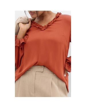 City Chic Maia Ruffle Fluted Sleeve Satin Top - Orange