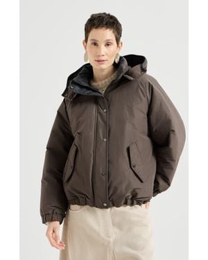 Brunello Cucinelli Techno Cotton Taffeta Outerwear Jacket With Detachable Knit Hood And Shiny Zipper Pull - Brown