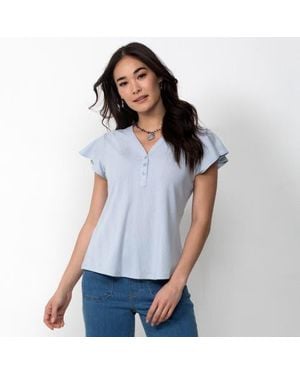 Single Stitch Flutter Sleeve Henley - Blue