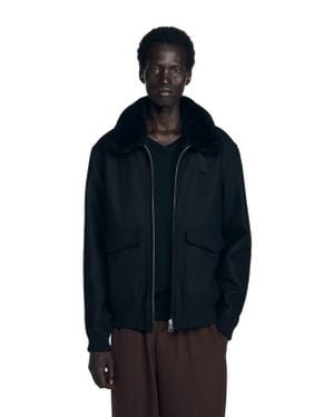 Sandro Wool Aviator Jacket With Shearling - Blue