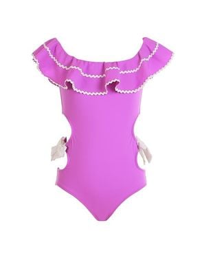 NESSI BYRD Off-Shoulder Side Cut-Out And Bows One-Piece Swimsuit - Purple