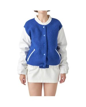 English Factory Tweed & Faux Leather Bomber Jacket - Blue