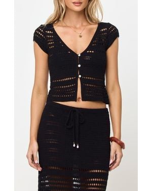 LSPACE Tula Semisheer Crop Cotton Open Stitch Cover-Up Top - Black