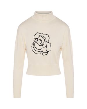 Versatile Cropped Embroidered Turtle Neck Knit Sweater - Natural