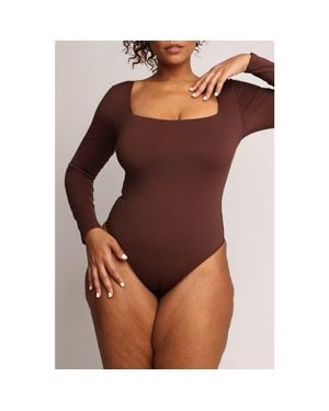 Popilush Shapewear Contour Long Sleeve Square Neck Bodysuit - Brown