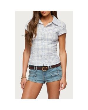 Edikted Naiah Plaid Short Sleeve Tailored Button-Up Shirt - Blue