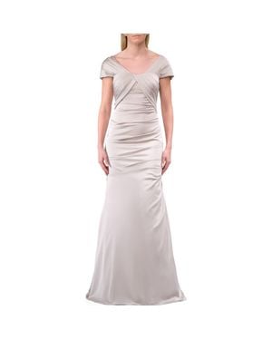 La Femme Lovely Ruched Mermaid Satin Gown With Unique Neckline - Purple