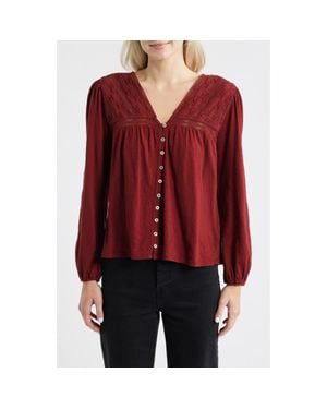 Lucky Brand Lace Yoke Peasant Top - Red