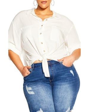 City Chic Tropical Tie Hem Button-Up Shirt - White
