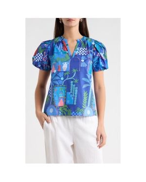 Sugarlips Punta Alta Berisa Split Neck Puff Sleeve Cotton Top - Blue