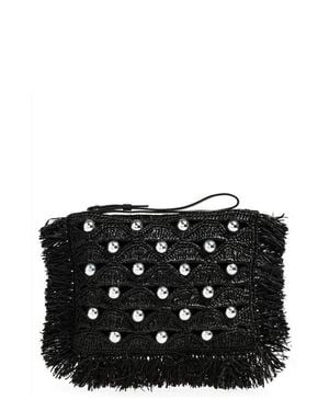Rabanne Bead Embellished Woven Raffia Pouch Wristlet - Black