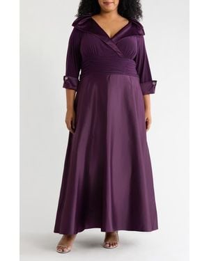 Jessica Howard Rhinestone Button Cuff Sleeve Mixed Media Gown - Purple