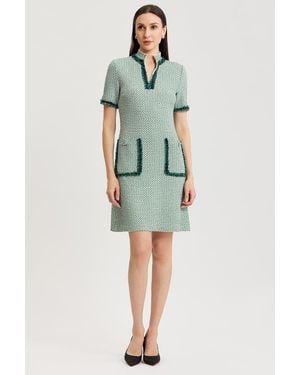 Ming Wang Fringe Trim Jacquard Basketweave Knit Sheath Dress - Green