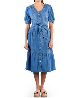 Wash Lab Denim Ruffle Hem Tie Waist Denim Midi Dress - Blue