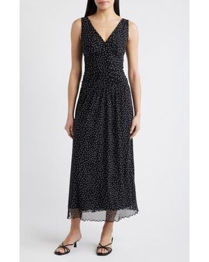 Loveappella Polka Dot Ruched Mesh Maxi Dress - Black