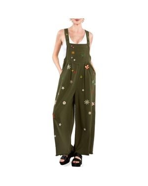 Billy T Oooh La La Embroidered Wide Leg Denim Overalls - Green