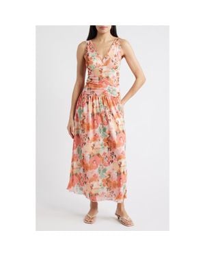 Loveappella Floral Ruched Mesh Maxi Dress - Orange