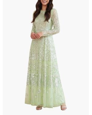 Needle & Thread Aurora Long Sleeve Round Neck Gown - Green