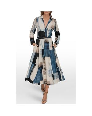 Donna Karan Print Pleated Long Sleeve Midi Dress - Blue