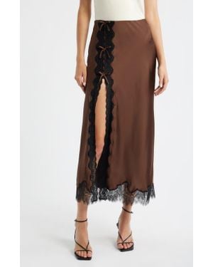 LoveShackFancy Calder Lace Trim Satin Midi Skirt - Brown