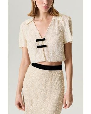 Nocturne Pearl Embellished Bow Crop Blouse - Natural