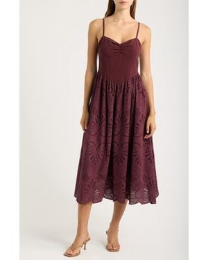 Moon River Eyelet Scallop Sleeveless Midi Dress - Red