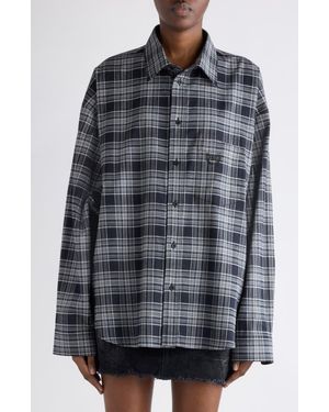 Balenciaga Regular Fit Plaid Button-Up Shirt - Gray