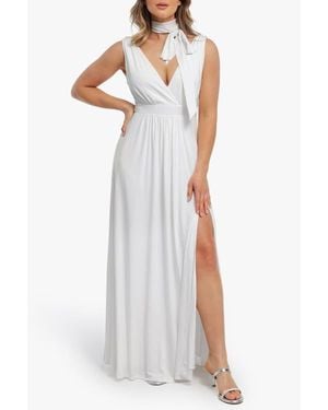 Popilush Shapewear Deep V-Neck Front Slit Goddess Maxi Dress - White