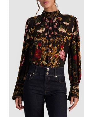 Alice + Olivia Marion Mock Neck Floral Blouse - Black