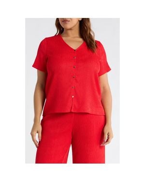 Anne Klein Short Sleeve Knit Button-Up Shirt - Red