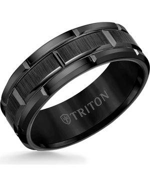 Triton 8Mm Tungsten Carbide Ring With Brick Pattern Center And Flat Edge - Black