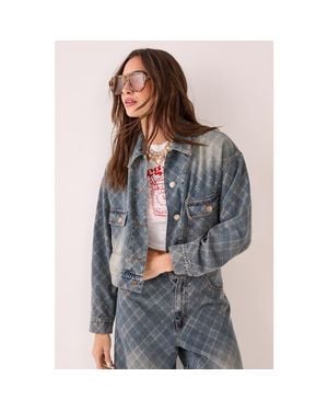 Nasty Gal Check Denim Distressed Jacket - Gray