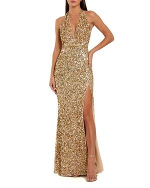 Mac Duggal Sequined Halter Strap Thigh High Slit Gown - Natural