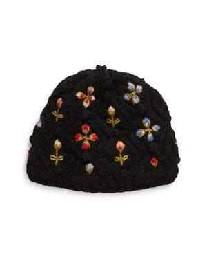 French Knot Tilly Floral Embroidered Wool Knit Hat - Black